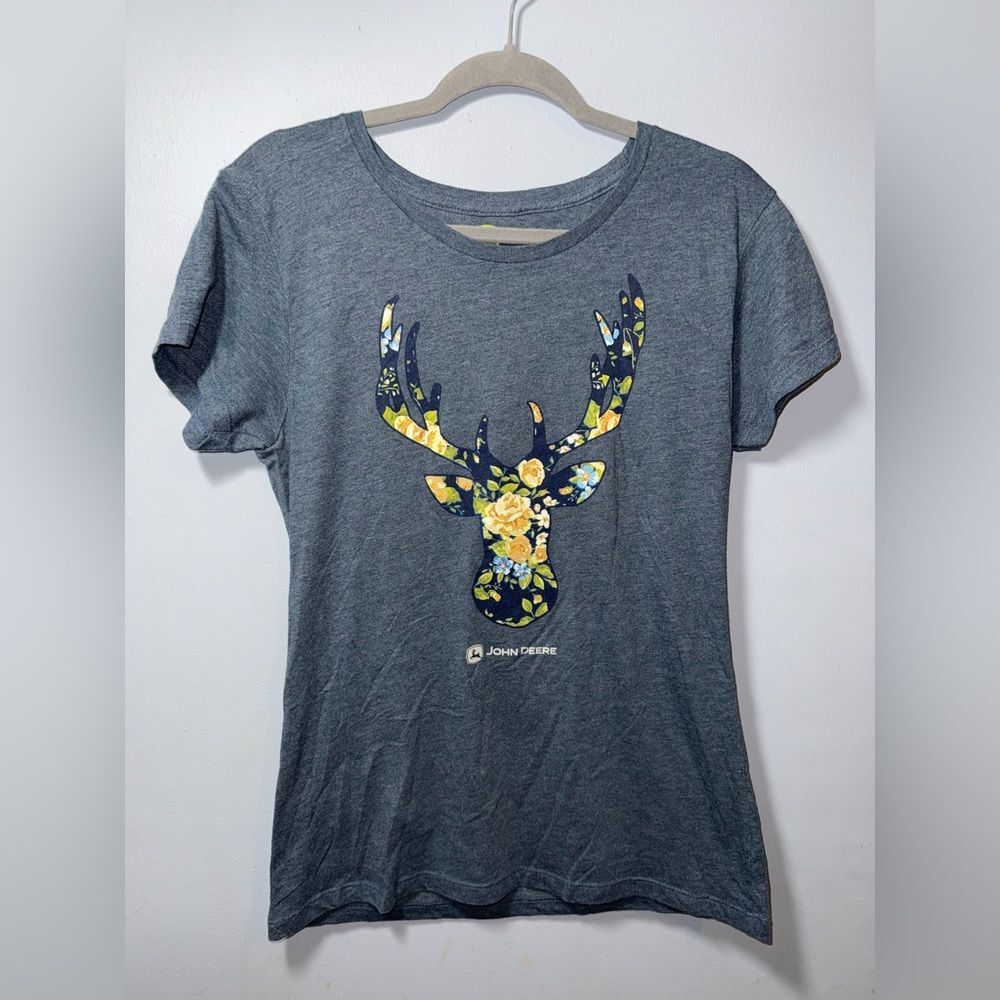 John Deere Womenβs Floral Deer Head Graphic Tee T-Shirt XL EUC